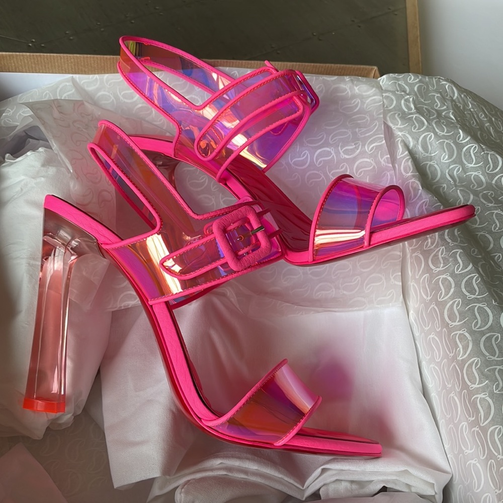 Christian Louboutin loubi duniss 100mm pink neon pvc pump peep toe sandal s 38.5 - Picture 8 of 12